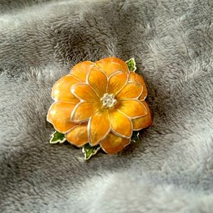 VINTAGE Orange Enamel and Metal Flower Brooch